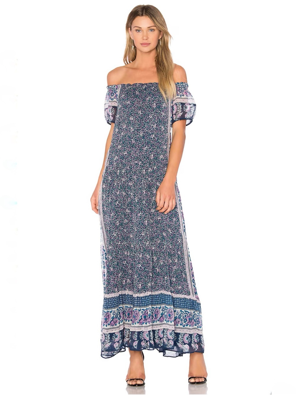JOIE Avatara Blue Floral 100% Silk Chiffon Off The Shoulder Maxi Dress, Size S